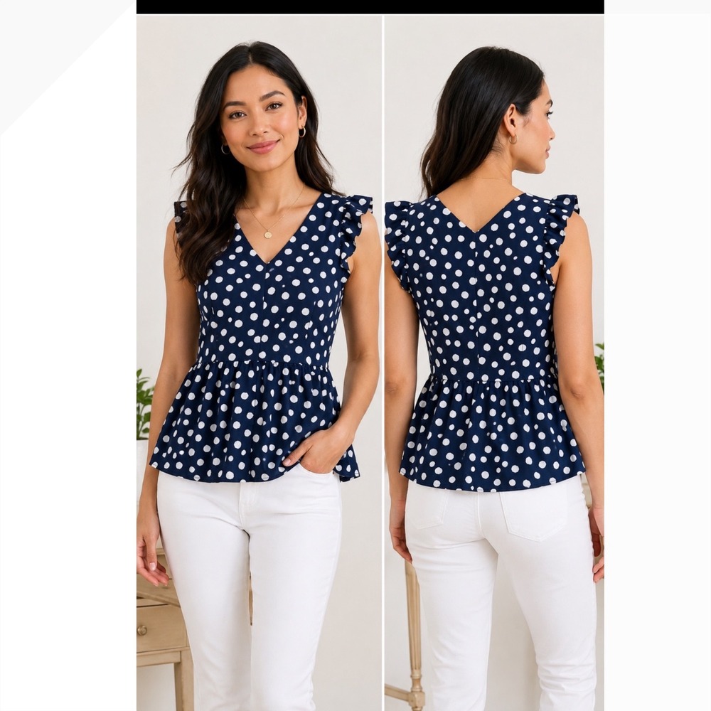 Loft Petites Navy White Polka Dot Peplum Top Ruffle V-Neck Sleeveless Blouse MP